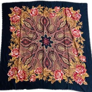Black Paisley Woven Square Scarf Made In Italy 100% Polyester Wrap Fringe Ends